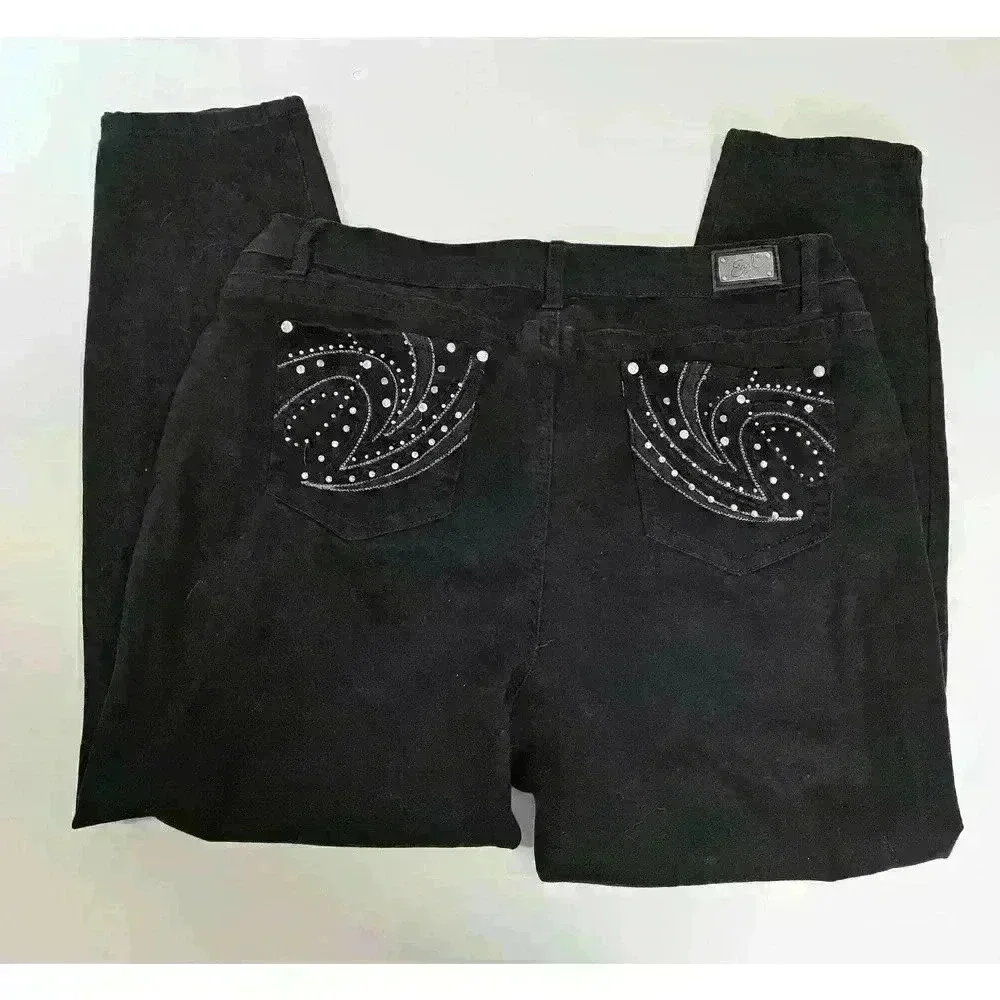 Earl Jeans Black Skinny Jeans Stretch Denim Rhinestone Pocket Detail SZ 22